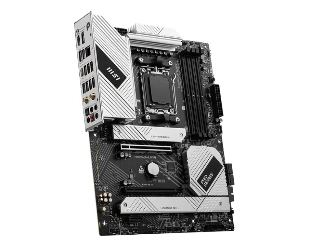 Mainboard MSI AMD B650 SAM5 ATX Memory DDR5 Memory slots 4 1xPCI-Express 3.0 1x 1xPCI-Express 4.0 2x 1xPCI-Express 4.0 16x 3xM.2 1xHDMI 1xDisplayPort 2xUSB 2.0 7xUSB 3.2 1xUSB-C 1xOptical S/PDIF 1xRJ45 3xAudio port PROB650-AWIFI