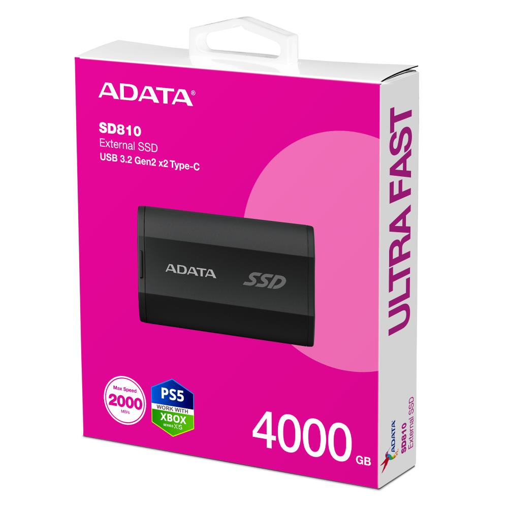 External SSD ADATA SD810 4TB USB-C Write speed 2000 MBytes/sec Read speed 2000 MBytes/sec SD810-4000G-CBK
