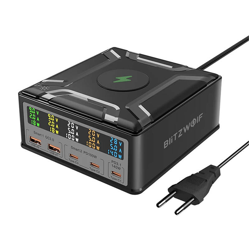 Blitzwolf BW-S28 260W, 2xUSB-A, 3xUSB-C, 15W wireless charger (black) - Image 1