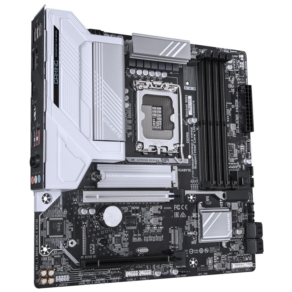 Mainboard GIGABYTE Intel B860 Express LGA1851 Micro-ATX Memory DDR5 Memory slots 4 2xPCI-Express 16x 2xM.2 1xHDMI 1xDisplayPort 1xAudio-In 1xAudio-Out 1xMicrophone 5xUSB 2.0 3xUSB 3.2 1xUSB-C 1xRJ45 B860MGAMINGXWIFI6E1.0