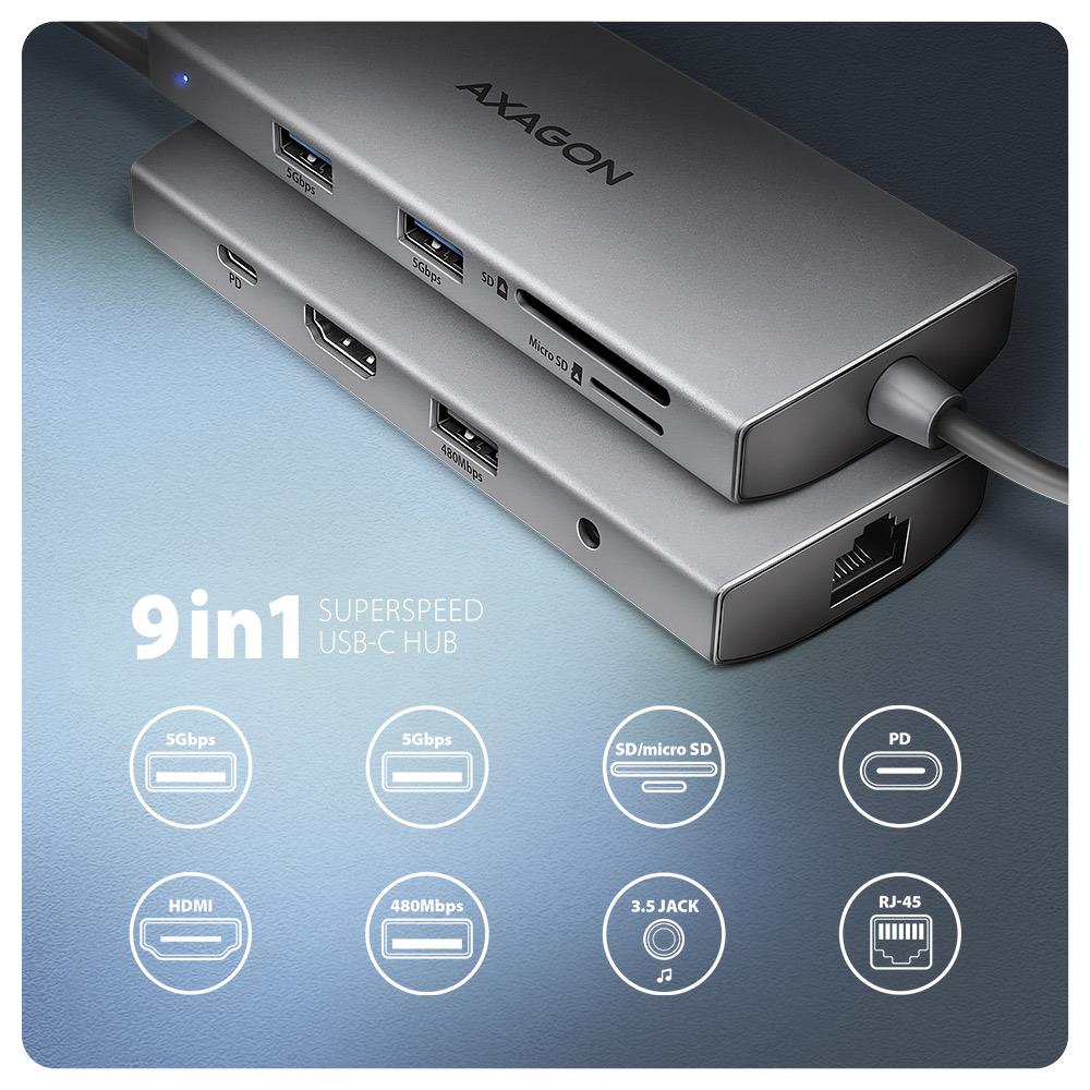 I/O HUB USB-C 9IN1 5GBPS/0.2M HMC-8HLSA AXAGON