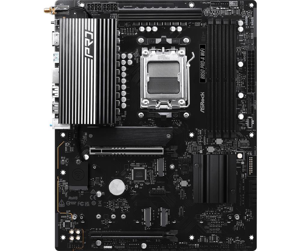 Mainboard ASROCK AMD B850 SAM5 ATX Memory DDR5 Memory slots 4 1xPCI-Express 4.0 16x 1xPCI-Express 5.0 16x 1xM.2 1xHDMI 1xAudio-In 1xAudio-Out 1xMicrophone 6xUSB 2.0 4xUSB 3.2 1xUSB-C 1xRJ45 B850PRO-AWIFI