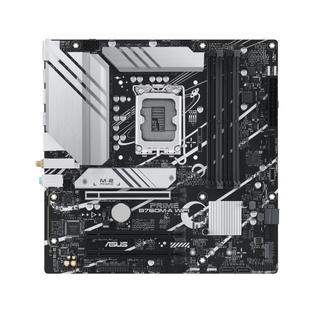 Mainboard ASUS Intel B760 Express LGA1700 Micro-ATX Memory DDR5 Memory slots 4 3xPCI-Express 4.0 16x 2xM.2 2xHDMI 1xDisplayPort 4xUSB 2.0 2xUSB 3.2 1xPS/2 1xRJ45 3xAudio port PRIMEB760M-AWIFI
