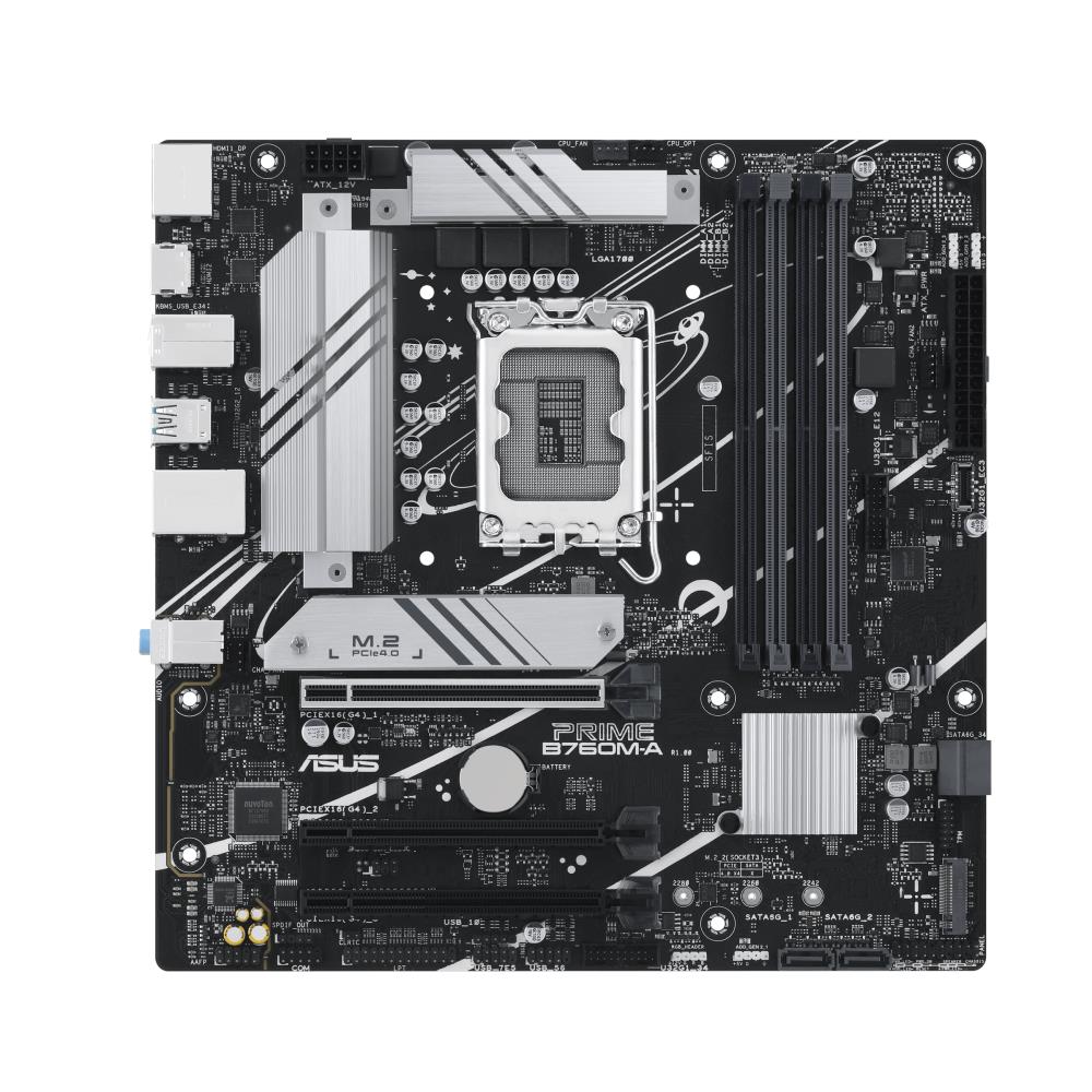 Mainboard ASUS Intel B760 Express LGA1700 Micro-ATX Memory DDR5 Memory slots 4 2xPCI-Express 4.0 16x 2xM.2 1xHDMI 2xDisplayPort 4xUSB 2.0 2xUSB 3.2 1xPS/2 1xRJ45 3xAudio port PRIMEB760M-A-CSM