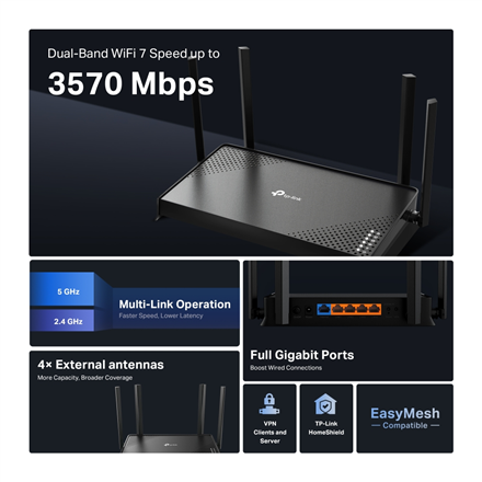 TP-LINK Archer BE220 | BE3600 Dual-Band Wi-Fi 7 Router | 802.11be | Ethernet LAN (RJ-45) ports 4 | 10/100/1000 Mbit/s | 