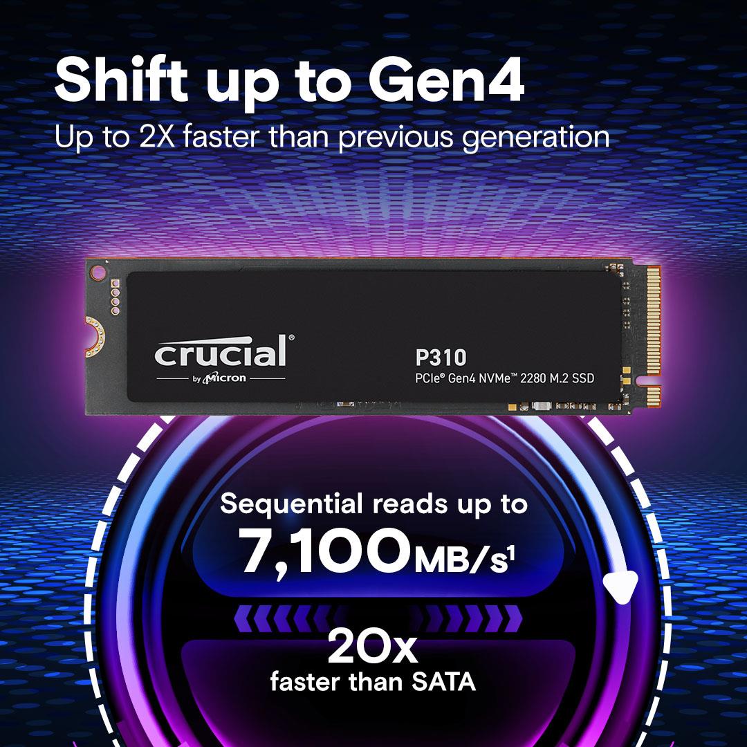 SSD CRUCIAL P310 2TB M.2 PCIe Gen4 NVMe 3D NAND Write speed 6000 MBytes/sec Read speed 7100 MBytes/sec TBW 440 TB CT2000P310SSD8