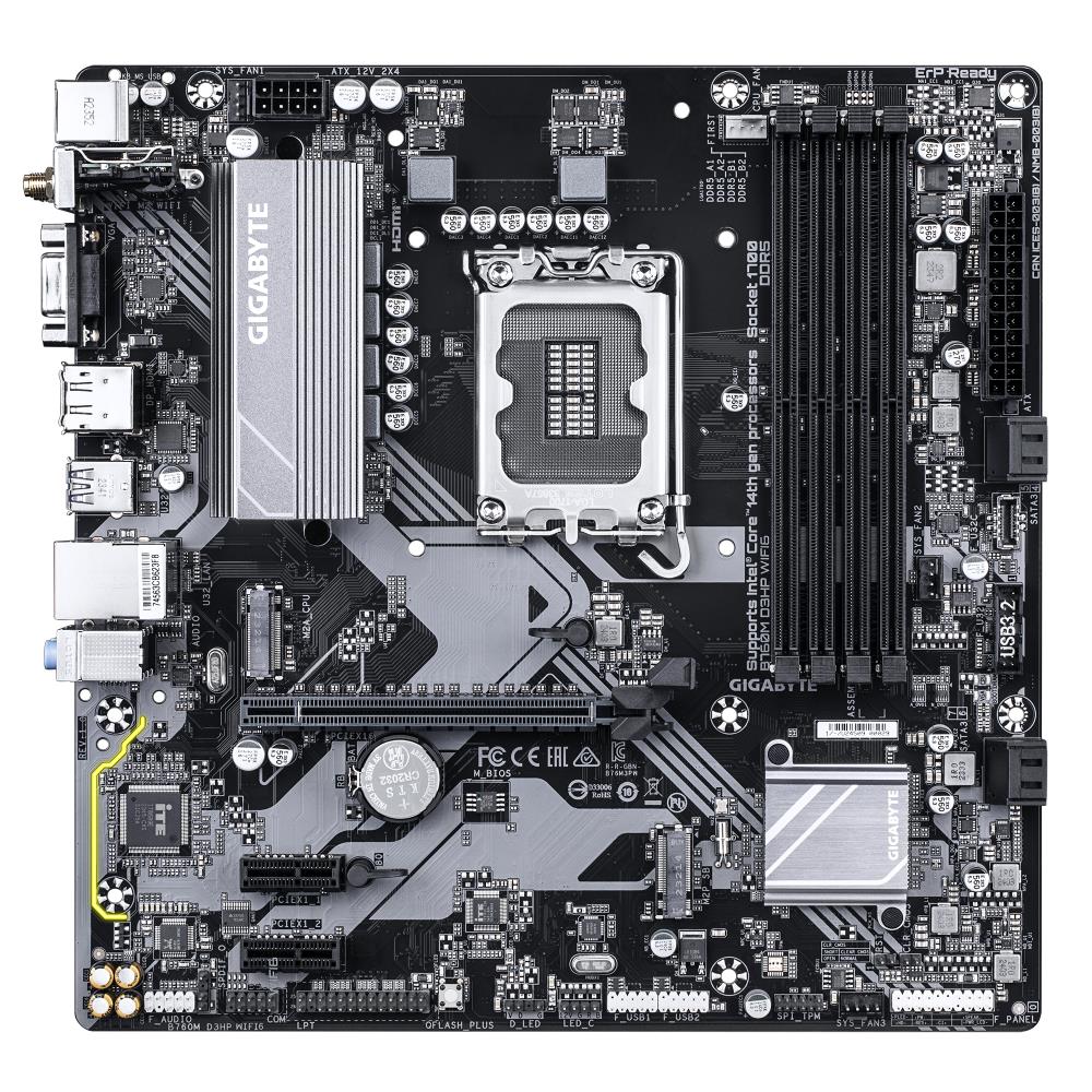 Mainboard GIGABYTE Intel B760 Express LGA1700 Micro-ATX Memory DDR5 Memory slots 4 2xPCI-Express 3.0 1x 1xPCI-Express 4.0 16x 2xM.2 1x15pin D-sub 1xHDMI 1xDisplayPort 2xUSB 2.0 3xUSB 3.2 1xUSB-C 1xPS/2 1xRJ45 3xAudio port B760MD3HPWIFI61.0