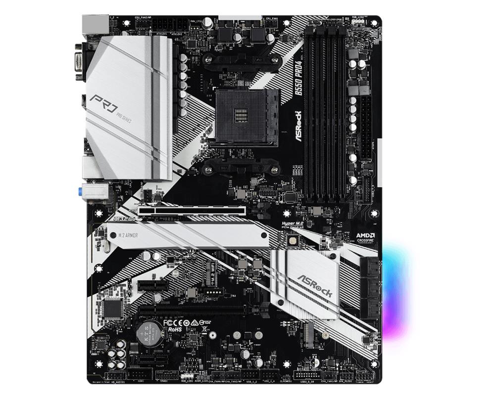 Mainboard ASROCK AMD B550 SAM4 ATX 2xPCI-Express 3.0 1x 1xPCI-Express 3.0 16x 2xM.2 1xPCI-Express 4.0 16x Memory DDR4 Memory slots 4 1x15pin D-sub 1xHDMI 1xUSB type C 5xUSB 3.2 1xPS/2 1xRJ45 3xAudio port B550PRO4