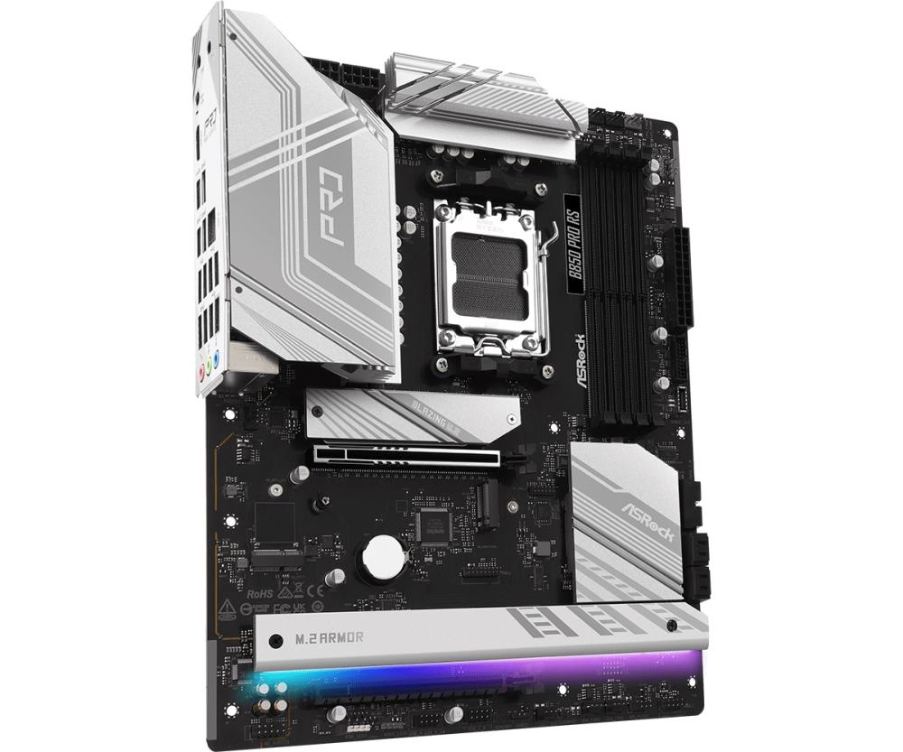 Mainboard ASROCK AMD B850 SAM5 ATX Memory DDR5 Memory slots 4 1xPCI-Express 4.0 16x 1xPCI-Express 5.0 16x 1xM.2 1xHDMI 1xAudio-In 1xAudio-Out 1xMicrophone 6xUSB 2.0 5xUSB 3.2 1xUSB-C 1xRJ45 B850PRORS