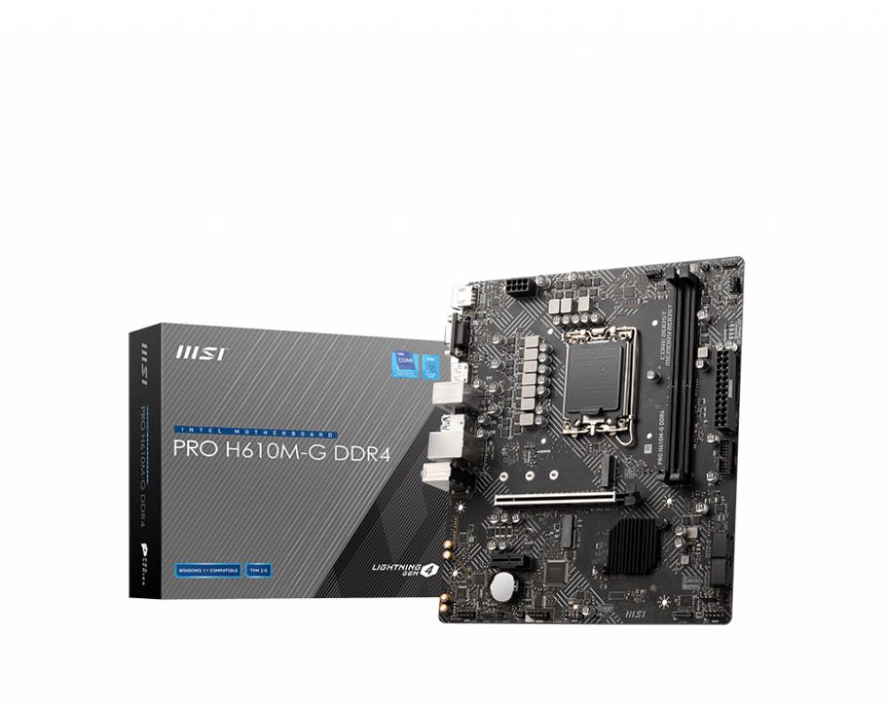 Mainboard MSI Intel H610 LGA1700 MicroATX Memory DDR4 Memory slots 2 1xPCI-Express 3.0 1x 1xPCI-Express 4.0 16x 1xM.2 1x15pin D-sub 1xHDMI 1xDisplayPort 2xAudio-In 1xAudio-Out 4xUSB 2.0 2xUSB 3.2 1xPS/2 1xRJ45 PROH610M-GDDR4