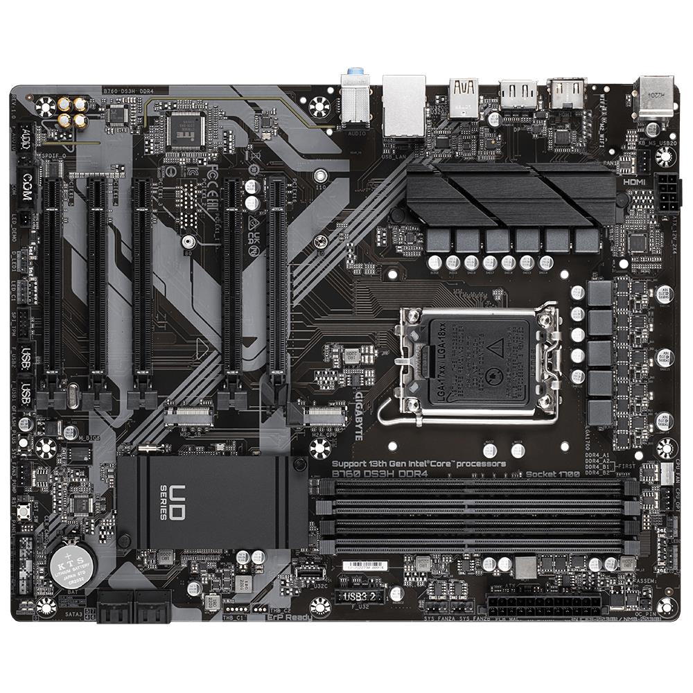 Mainboard GIGABYTE Intel B760 Express LGA1700 ATX Memory DDR4 Memory slots 4 4xPCI-Express 3.0 1x 1xPCI-Express 4.0 16x 2xM.2 1xHDMI 1xDisplayPort 4xUSB 2.0 1xUSB 3.2 1xUSB-C 1xPS/2 1xRJ45 3xAudio port B760DS3HDDR4
