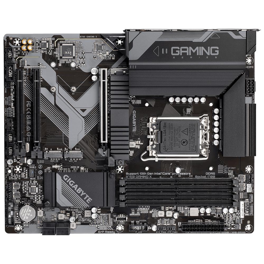Mainboard GIGABYTE Intel B760 Express LGA1700 ATX Memory DDR5 Memory slots 4 2xPCI-Express 3.0 16x 1xPCI-Express 4.0 16x 3xM.2 1xHDMI 1xDisplayPort 5xUSB 2.0 2xUSB 3.2 1xUSB-C 1xRJ45 6xAudio port B760GAMINGX