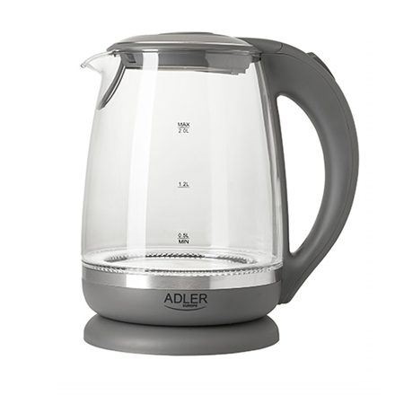 Adler | Kettle | AD 1286 | Standard | 2200 W | 2 L | Plastic/Glass | 360° rotational base | Grey