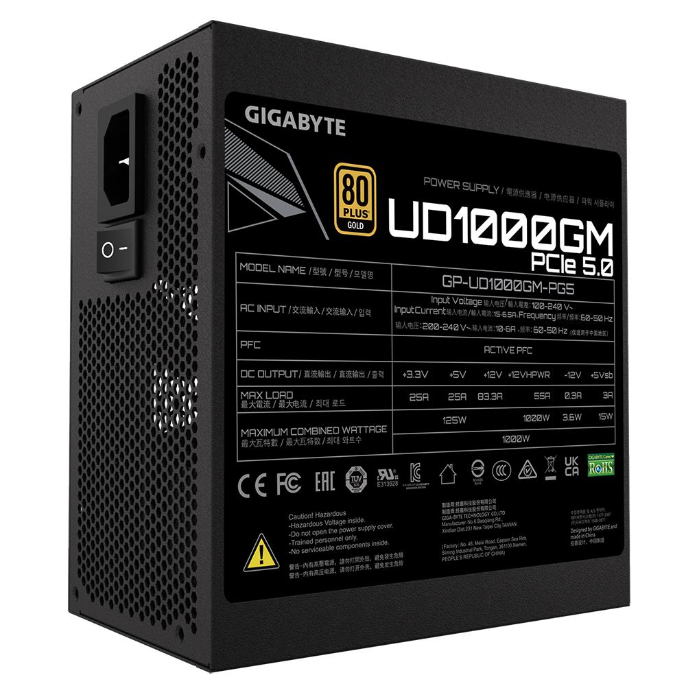 Power Supply GIGABYTE UD1000GM PG5 1000 Watts Efficiency 80 PLUS GOLD PFC Active MTBF 100000 hours GP-UD1000GMPG5
