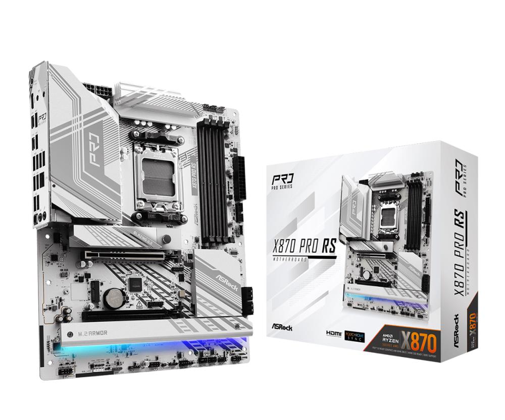 Mainboard ASROCK AMD X870 SAM5 ATX Memory DDR5 Memory slots 4 1xPCI-Express 4.0 16x 1xPCI-Express 5.0 16x 4xM.2 1xHDMI 6xUSB 2.0 4xUSB 3.2 2xUSB-C 1xOptical S/PDIF 1xRJ45 2xAudio port X870PRORS