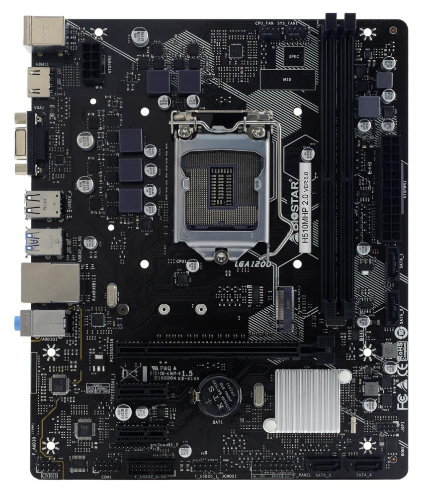 Mainboard BIOSTAR Intel H510 LGA1200 MicroATX Memory DDR4 Memory slots 2 2xPCI-Express 3.0 1x 1xPCI-Express 4.0 16x 1xM.2 1x15pin D-sub 1xHDMI 2xAudio-In 1xAudio-Out 4xUSB 2.0 2xUSB 3.2 2xPS/2 1xRJ45 H510MHP2.0