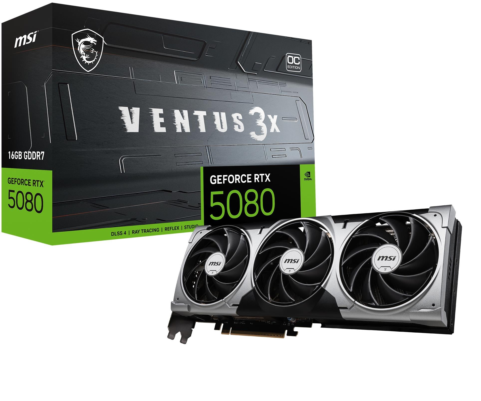 Graphics Card MSI NVIDIA GeForce RTX 5080 16 GB GDDR7 256 bit PCIE 5.0 16x Dual Slot Fansink 1xHDMI 3xDisplayPort RTX508016GVENTUS3XOC