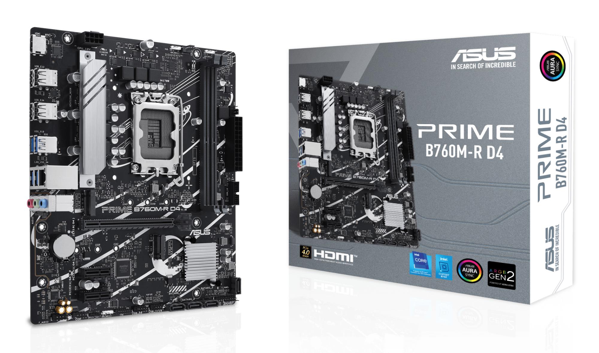 Mainboard ASUS Intel B760 Express LGA1700 Micro-ATX Memory DDR4 Memory slots 2 2xPCI-Express 4.0 1x 1xPCI-Express 4.0 16x 2xM.2 1x15pin D-sub 1xHDMI 4xUSB 2.0 4xUSB 3.2 1xOptical S/PDIF 3xAudio port PRIMEB760M-RD4