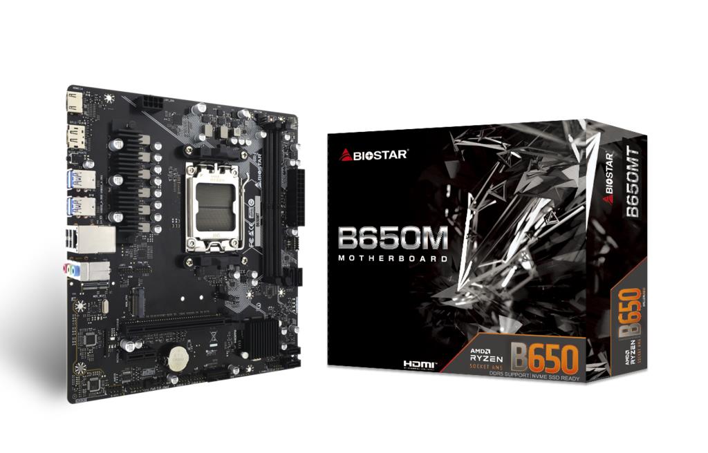 Mainboard BIOSTAR AMD B650 SAM5 Micro-ATX Memory DDR5 Memory slots 2 1xPCI-Express 3.0 1x 1xPCI-Express 4.0 16x 1xM.2 1xHDMI 1xDisplayPort 2xUSB 2.0 4xUSB 3.2 1xRJ45 3xAudio port B650MT