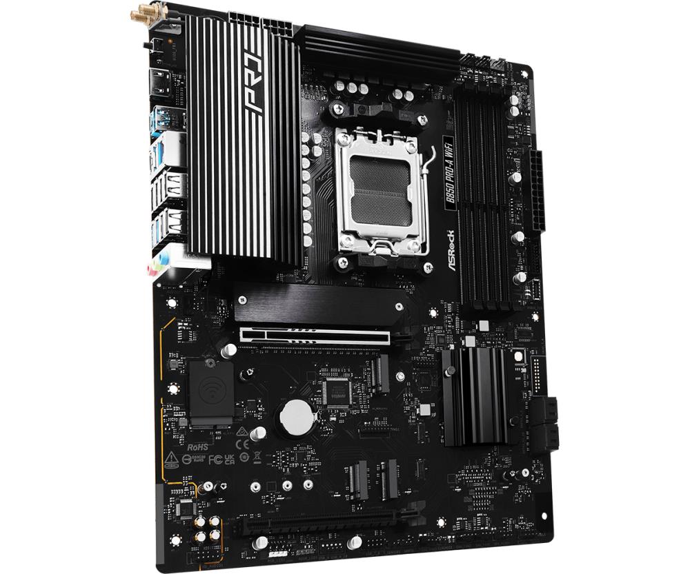 Mainboard ASROCK AMD B850 SAM5 ATX Memory DDR5 Memory slots 4 1xPCI-Express 4.0 16x 1xPCI-Express 5.0 16x 1xM.2 1xHDMI 1xAudio-In 1xAudio-Out 1xMicrophone 6xUSB 2.0 4xUSB 3.2 1xUSB-C 1xRJ45 B850PRO-AWIFI
