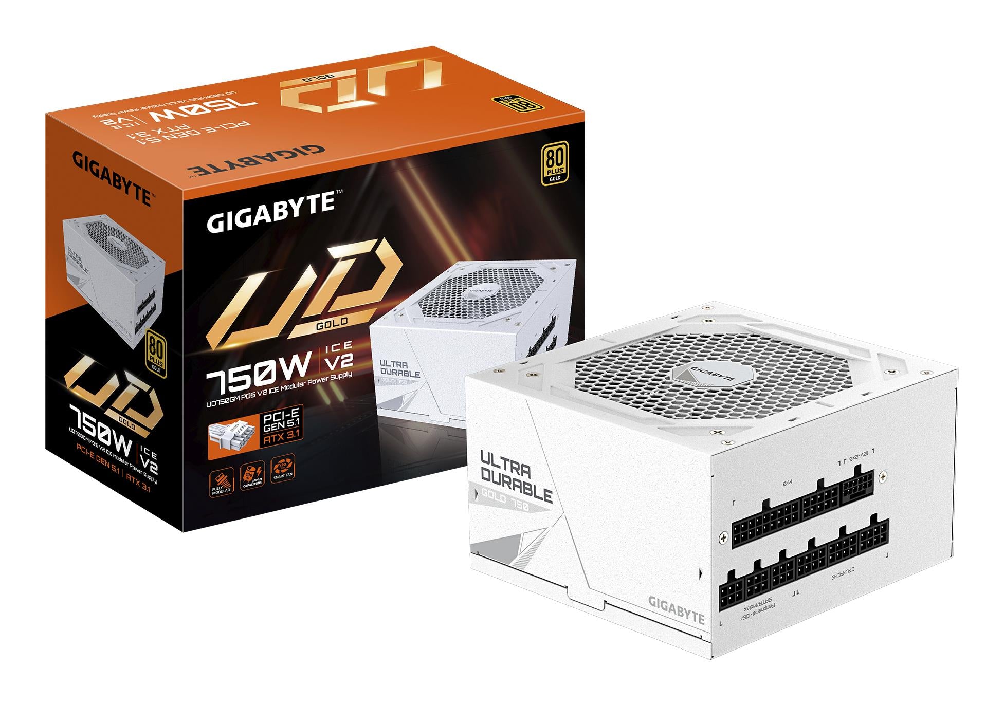 Power Supply GIGABYTE UD750GM PG5 ICE ATX 3.1 750 Watts Efficiency 80 PLUS GOLD PFC Active MTBF 100000 hours GP-UD750GMPG5ICE