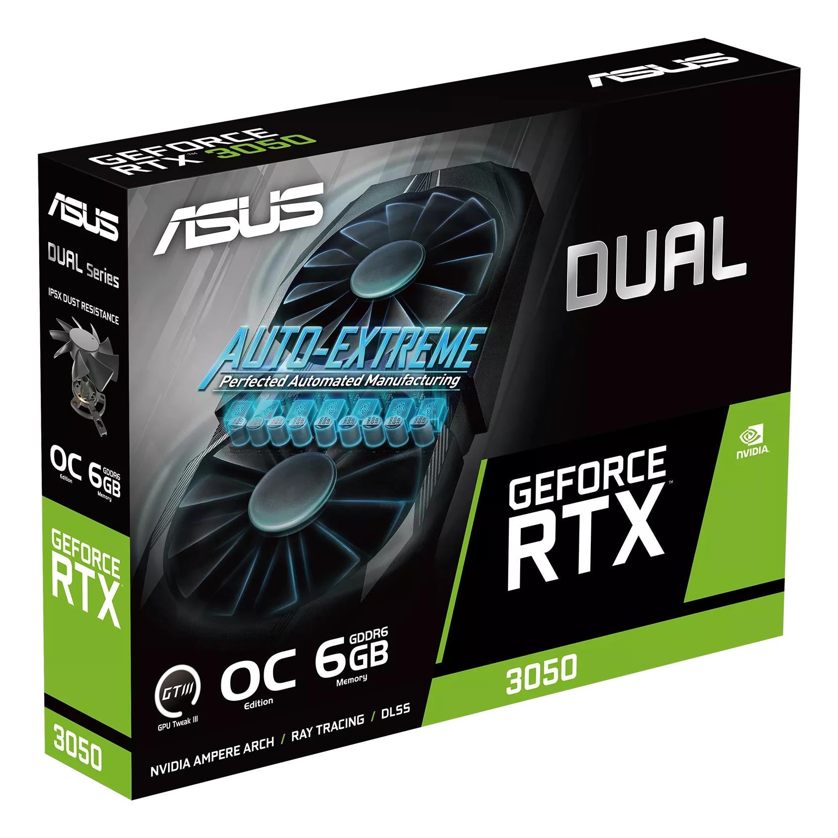 Graphics Card ASUS NVIDIA GeForce RTX 3050 6 GB GDDR6 96 bit PCIE 4.0 16x Dual Slot Fansink 1xDVI-D 1xHDMI 1xDisplayPort DUAL-RTX3050-O6G