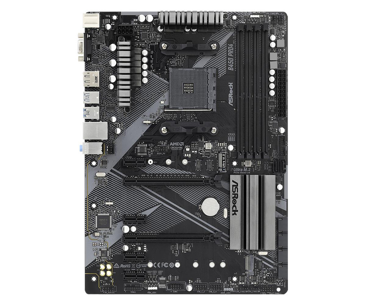 Mainboard ASROCK AMD B450 SAM4 ATX 4xPCI-Express 2.0 1x 2xPCI-Express 3.0 16x 2xM.2 Memory DDR4 Memory slots 4 1x15pin D-sub 1xHDMI 1xDisplayPort 2xAudio-In 1xAudio-Out 2xUSB 2.0 1xUSB type C 5xUSB 3.2 1xPS/2 1xRJ45 B450PRO4R2.0