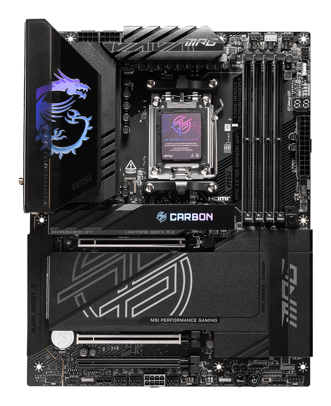 Mainboard MSI AMD X870E SAM5 ATX Memory DDR5 Memory slots 4 3xPCI-Express 16x 1xPCI-Express 4.0 4x 1xPCI-Express 5.0 4x 1xPCI-Express 5.0 16x 4xM.2 4xUSB 2.0 4xUSB 3.2 3xUSB-C 1xOptical S/PDIF 2xRJ45 2xAudio port MPGX870ECARBONWIFI